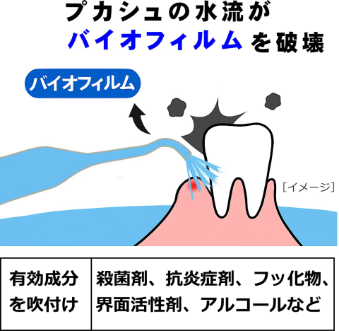 有効成分：殺菌剤、抗炎症剤、フッ化物、界面活性剤、アルコールなどを吹付け・注入